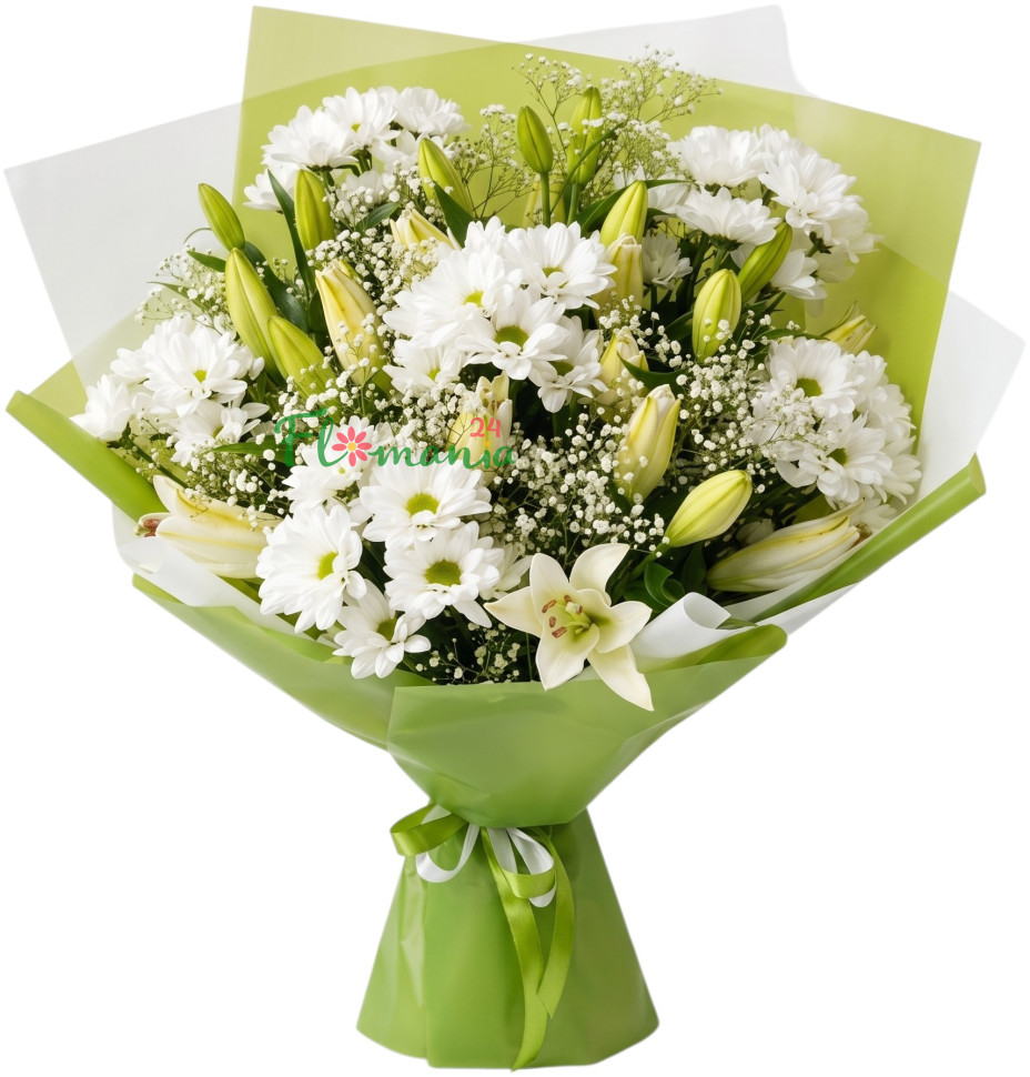 Букет с белыми лилиями и хризантемами «Свежесть сада»